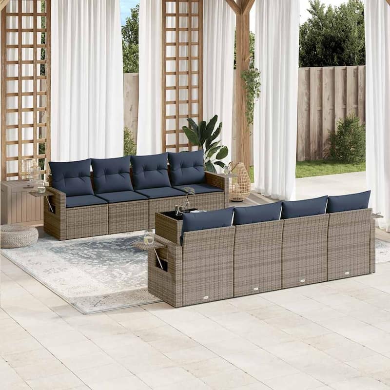vidaXL Patio Sofa Set with Cushions Outdoor Furniture 9 Piece Poly Rattan - 21.7 x 24.4 x 27.2 - Grey and Blue