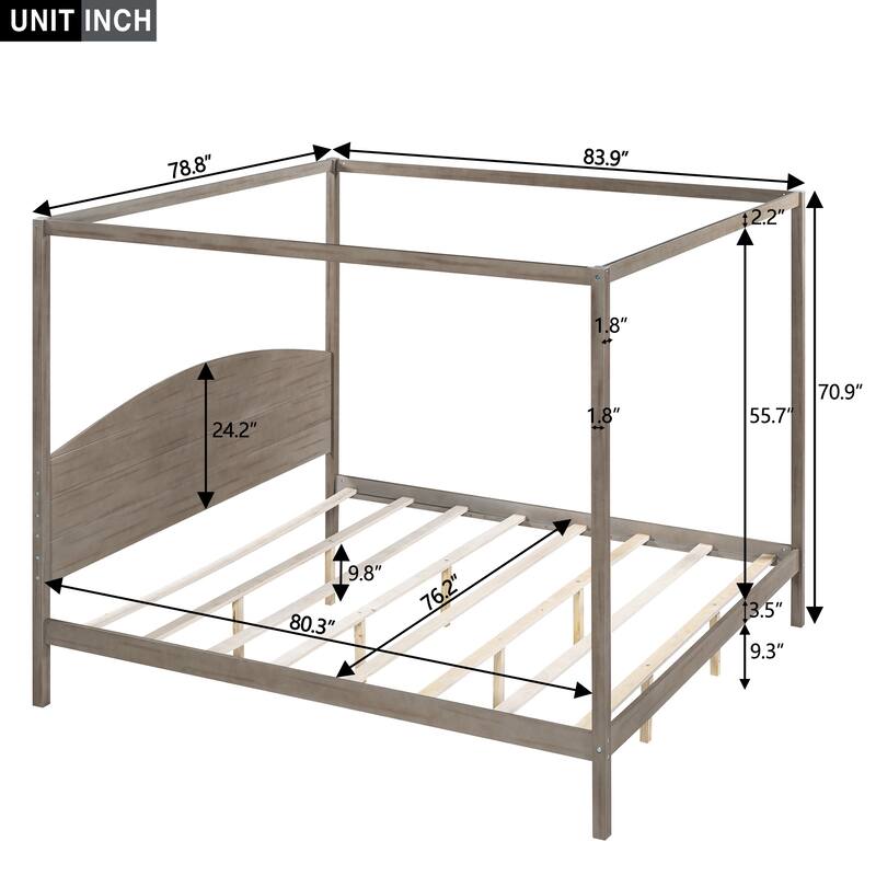 Queen/King Canopy Platform Bed with Headboard and Sturdy Wooden Slats, Support Legs for Added Stability