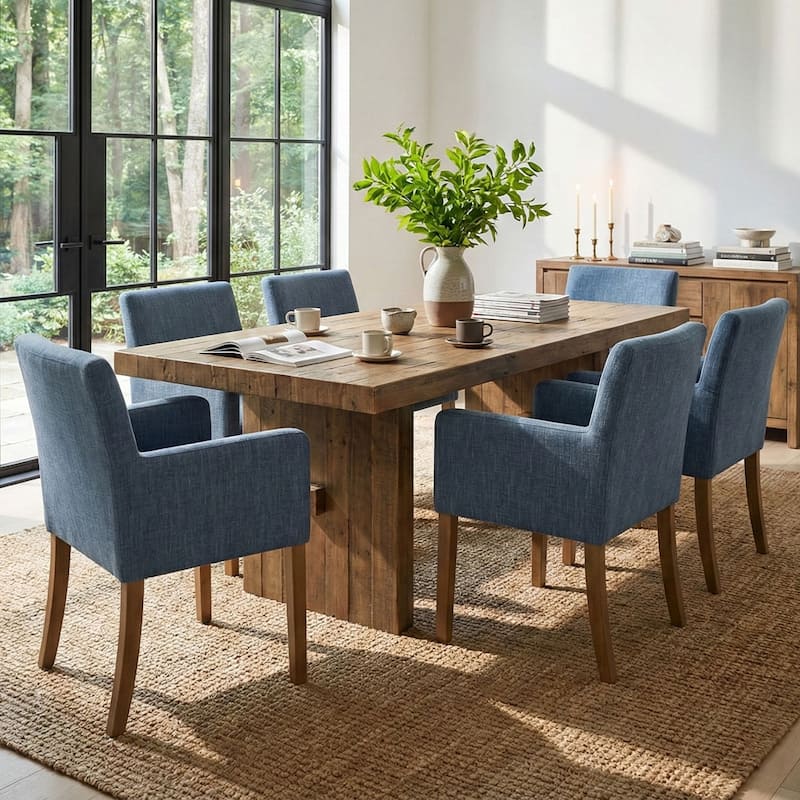 Linen Upholstered Armchairs with Wide Seat, High Back and Solid Wood Legs, Set of 6 - Blue