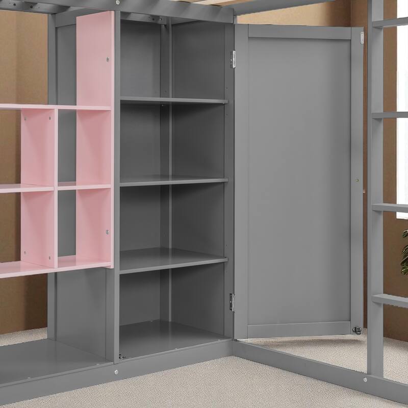 Space-Saving Twin/Full Loft Bed, Solid Wood Frame with Open Wardrobe, Colorful Shelves, Cabinet Storage & Reversible Ladder
