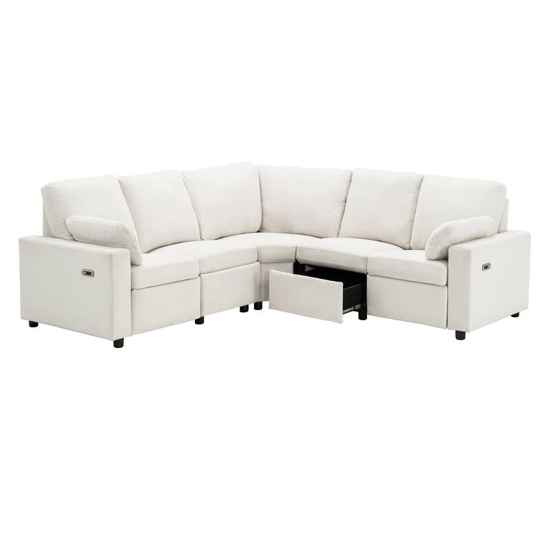 88.9" Linen Power Recliner Sectional Sofa with Storage Drawers