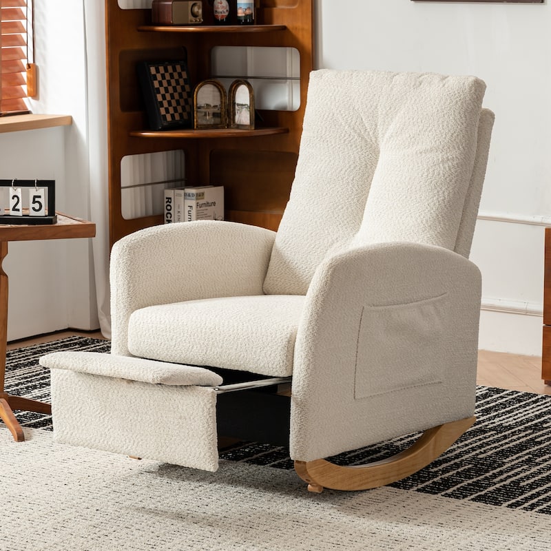 Comfortable Rocking Chair with Footrest and High Back, Made of Rubber Wood and Upholstered for a Cozy Sitting Experience. - Beige-1