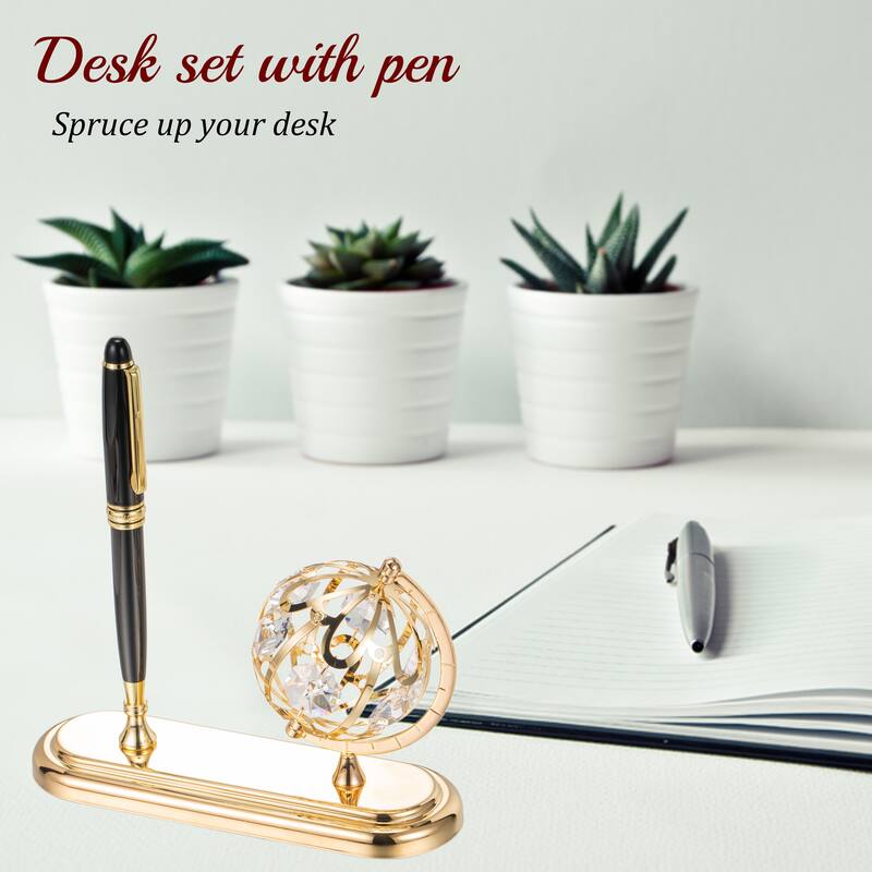 Matashi Highly Polished 24K Gold Plated Executive Desk Set With Pen and Globe Ornament
