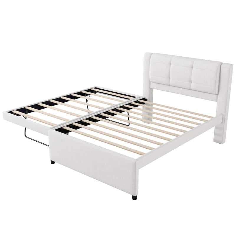 Full Size Linen Platform Bed with Adjustable Trundle - Convertible to Twin Guest Bed (No Box Spring Needed)