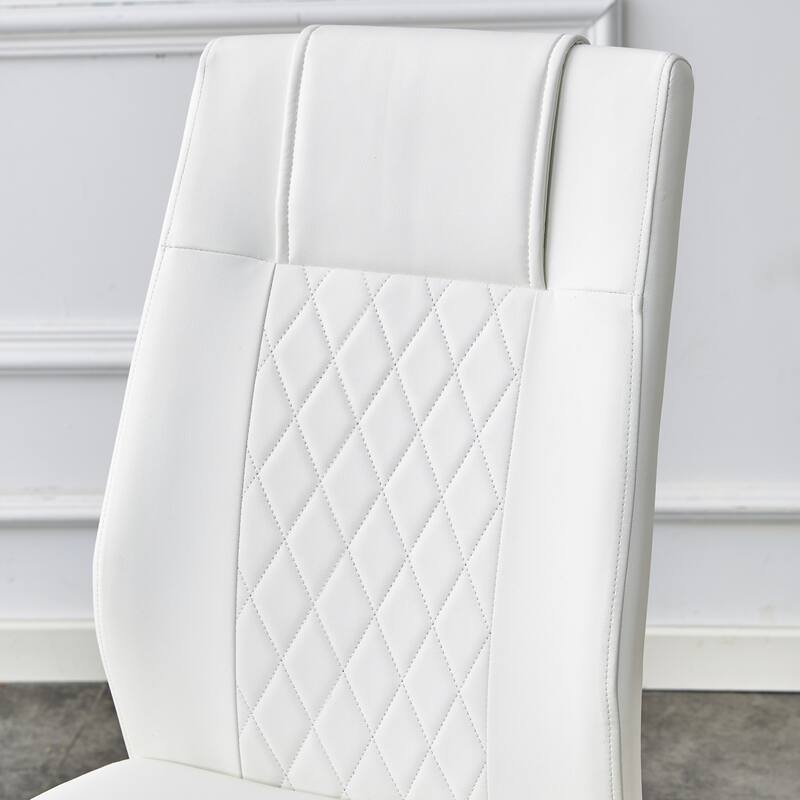 Roomfitters 5pcs Round White Marble Dining Table Set with PU Chairs and Golden Metal Arched Legs, White