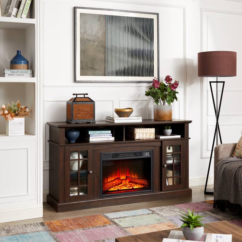 GDFStudio Caelum 58" Wood TV Stand with Classic Storage and 23" Fireplace Insert