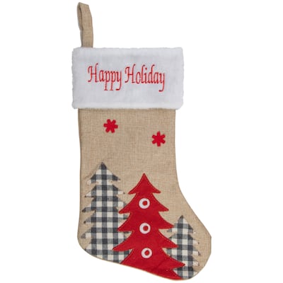 19" Beige and Red Burlap "Happy Holidays" Forest Trees Christmas Stocking