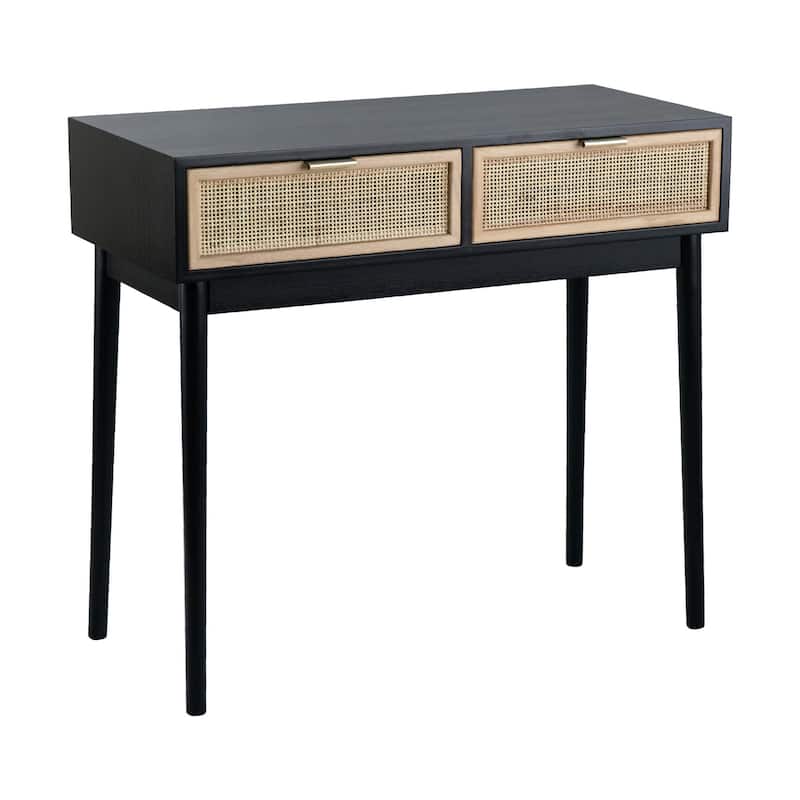 Ela 35 Inch 2 Drawer Wood Console Table, Woven Rattan Panels, Brown, Black - Brown - Wood