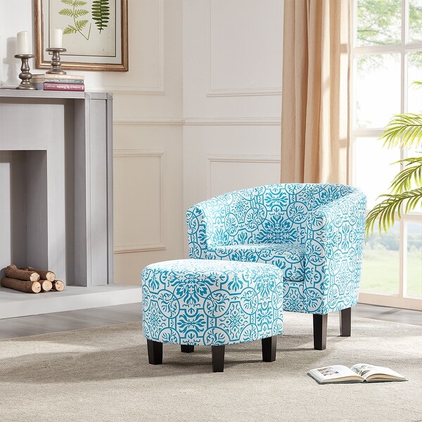 BELLEZE Floral Barrel Accent Pattern Design Chair Armrest with Footrest Ottoman Set, Blue