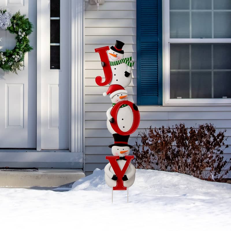 Glitzhome Metal "JOY" Snowman Gingerbread Man Penguin Yard Stake - Snowman