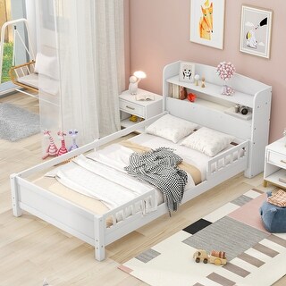 Traditional Modern Style Twin Size Wood Platform Bed with Guardrail,Storage Headboard with Built-in LED Light