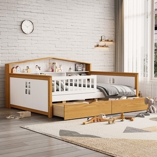 Full Size House Bed with Drawers & Bookcase Headboard