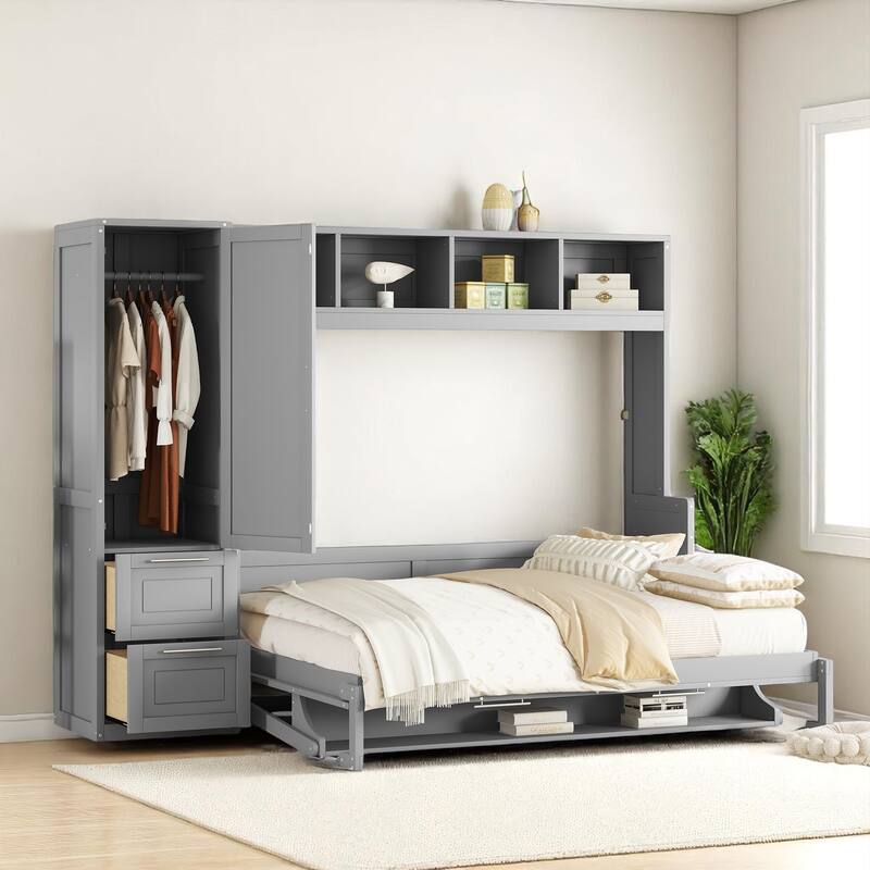 Queen Size Murphy Wall Bed with Closet, Drawers and Shelf Storage, Foldable Cabinet Bed with Custom Layout
