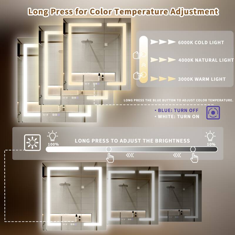 Modland 30"-60"W x 32"H Bathroom LED Medicine Cabinet with Mirror and Shelves, Defog and Stepless Dimming
