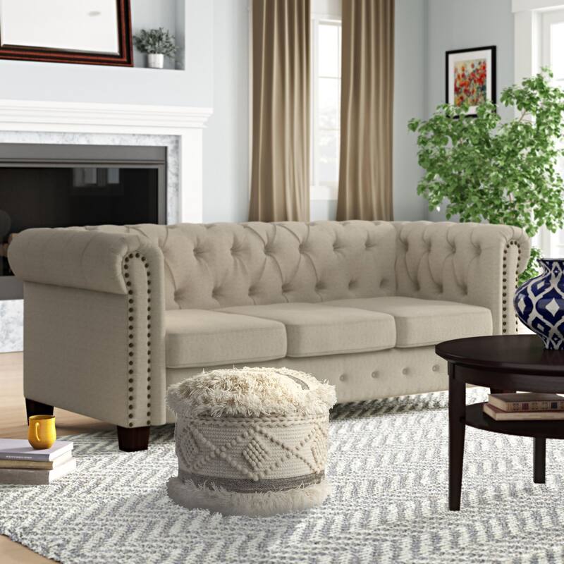 18" Cream and Brown Geometric Tufted Round Wool Pouf Ottoman
