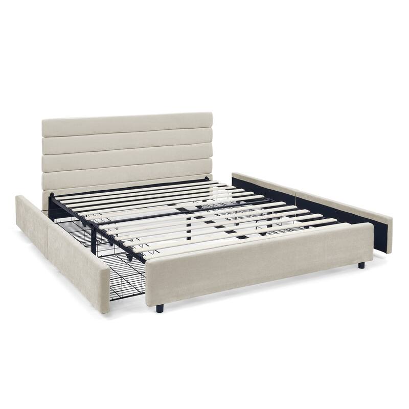 Queen Size Modern Upholstered Bed Frame with Headboard and Drawers
