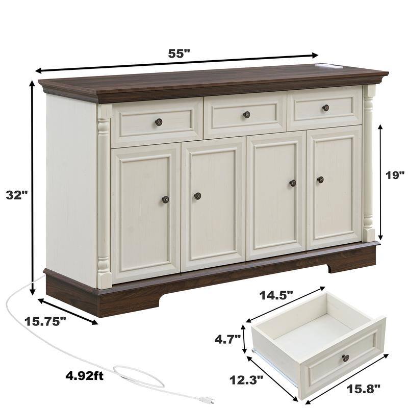 Farmhouse Roman Column Cabinet‌ – Wooden Storage Unit with Drawers & Doors, Coffee Bar & Wine Cooler for Kitchen or Hallway