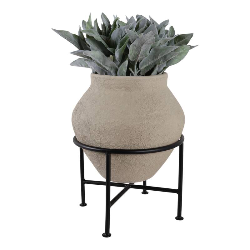 Pottery Planter Pot with Metal Stand Handcrafted Vessel Garden Decor