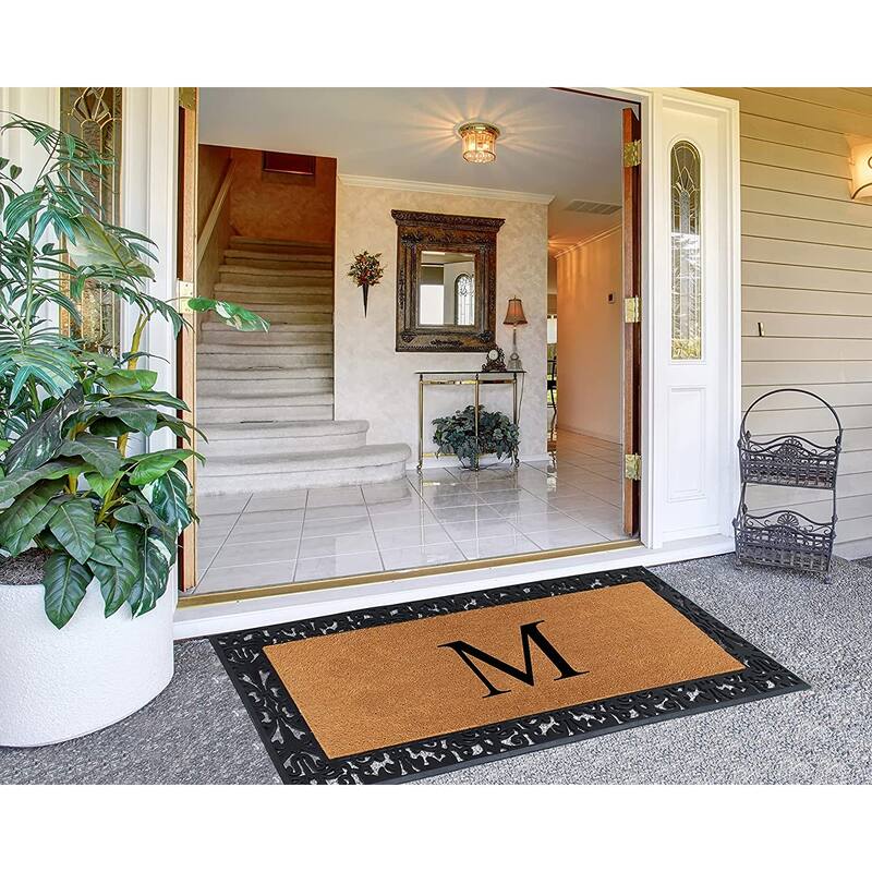 A1HC Rubber and Coir Paisley Border Heavy Duty Non-Slip Durable Double Door Monogrammed Doormat 30"X60", Black