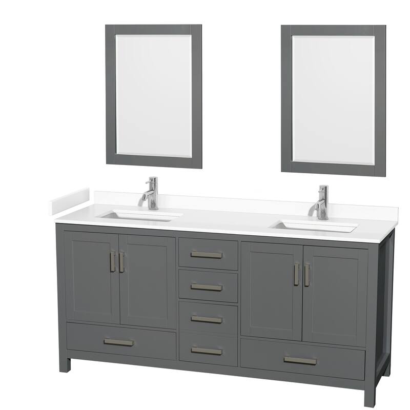Sheffield Double Bathroom Vanity Set, Cultured Top, 24-Inch Mirrors - 72-Inch Double - Dark Gray, White Cultured Marble Counter