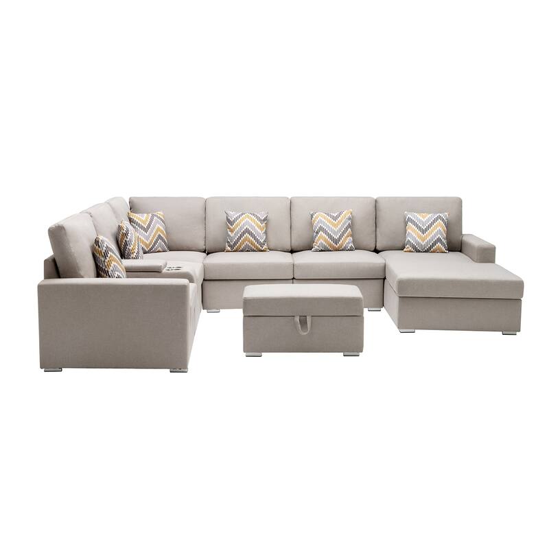 Linen Fabric 8 Piece U-Shaped Reversible Chaise Sectional Sofa with Interchangeable Legs and 6 Pillows