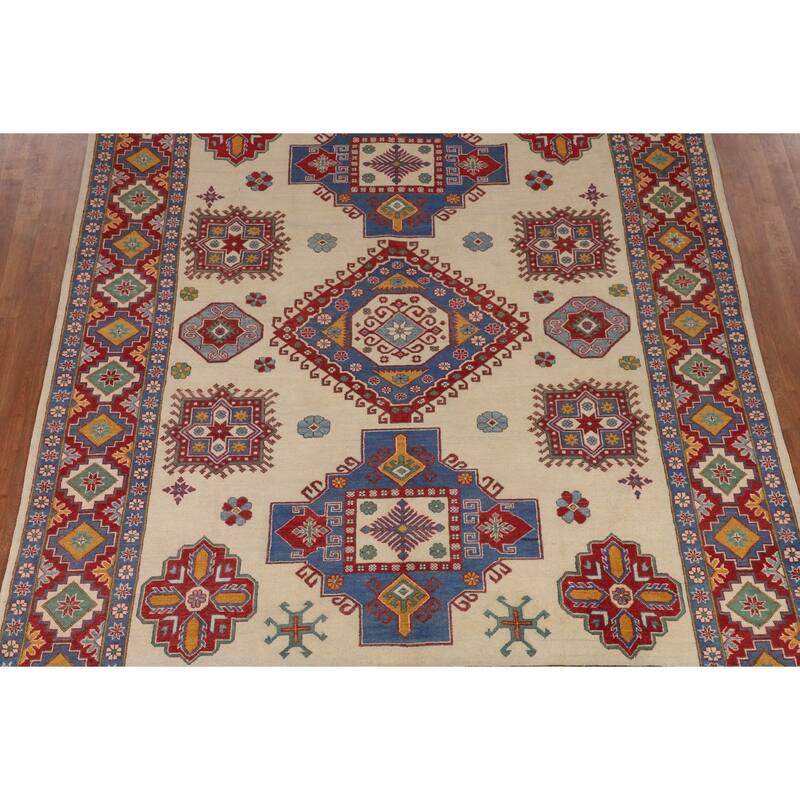 Ivory Geometric Kazak Area Rug Hand-Knotted Wool Carpet - 8'0" x 10'6"