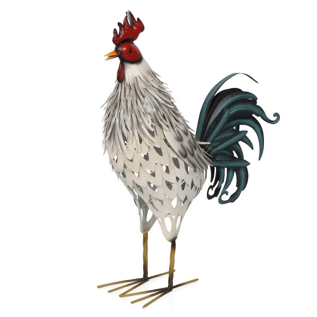 Metal White Feathered Rooster Decor
