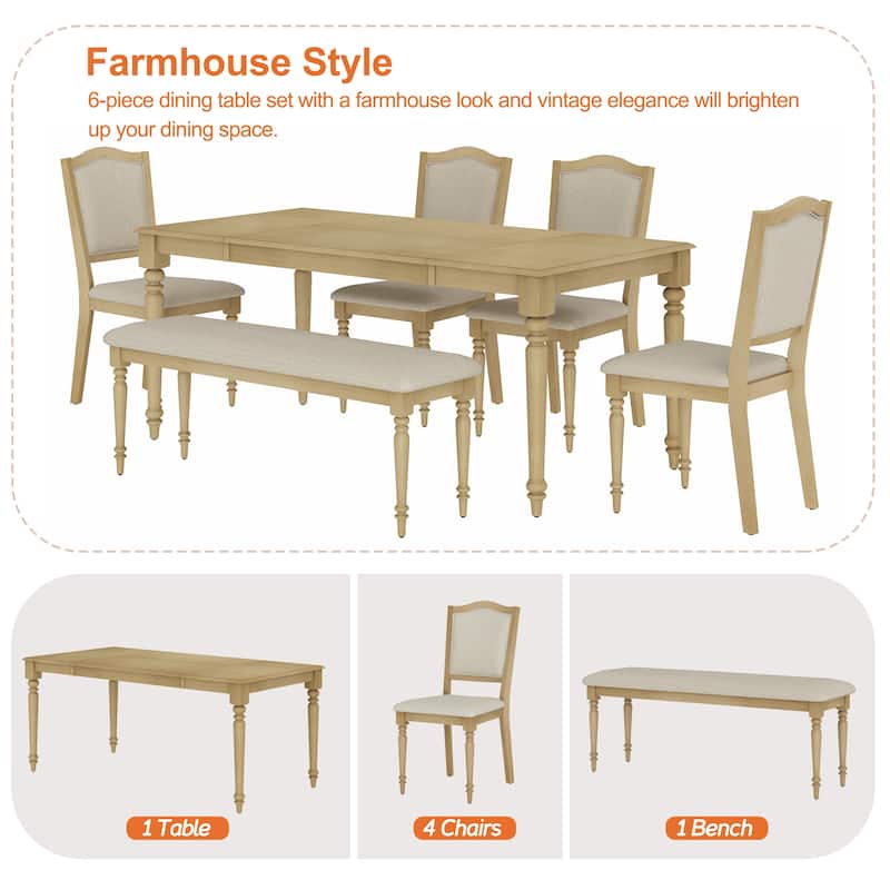 6-Piece Dining Table Set with Bench, Farmhouse Dining Set for 6, Oak