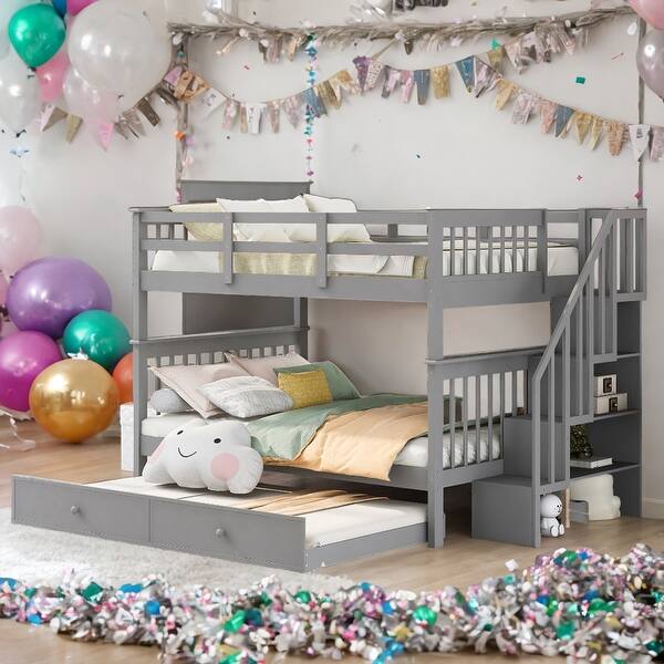slide 2 of 42, Modern Full Over Full Bunk Bed With Twin size Trundle,Storage and Guard Rail,Solid Construction Grey