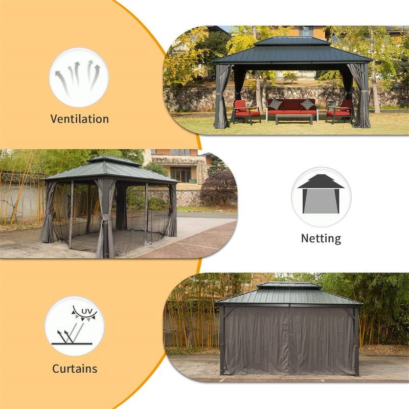 10' X 14' Aluminum Hardtop Gazebo with Double Roof, Curtains, and Netting for Patio, Backyard, and Deck