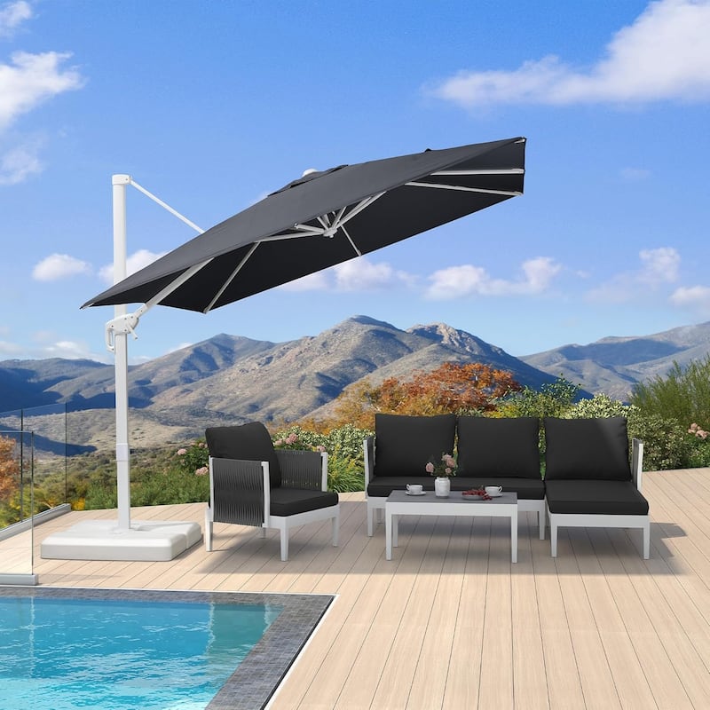 PURPLE LEAF 8 ft White Cantilever Patio Umbrella with 360 Degree Rotation With Base - 9ft Grey