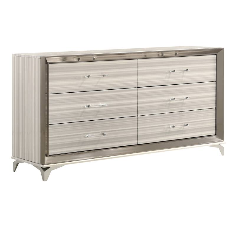 HomeRoots 64" White And Silver Wood Six Drawer Double Dresser