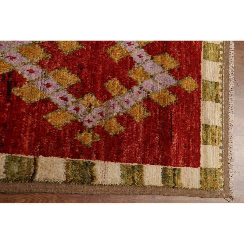 Hand Knotted Oriental 100% Wool Carpet Modern Geometric Red Moroccan Area Rug - 8' 2'' X 5' 5''