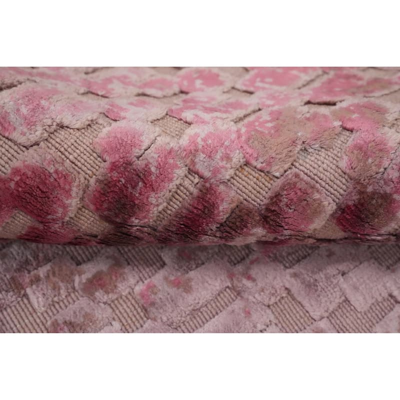 Hand Knotted Oriental Viscose Silk Carpet Modern Geometric Pink Abstract Area Rug - 6' 10'' X 4' 8''