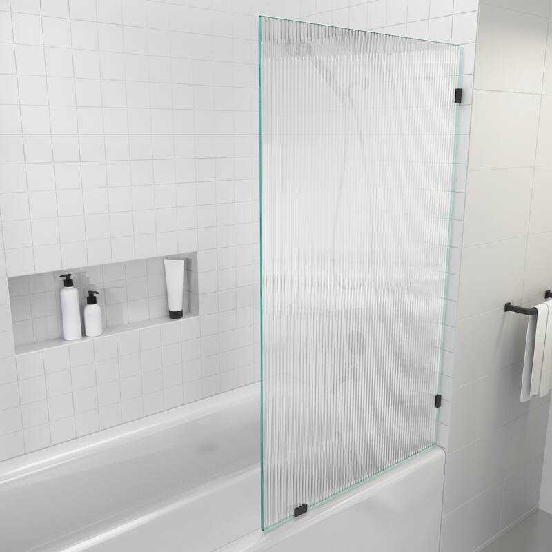 Glass Warehouse 58.25" x 34" Frameless Shower Door - Single Fixed Bath Panel Fluted Frosted - Matte Black