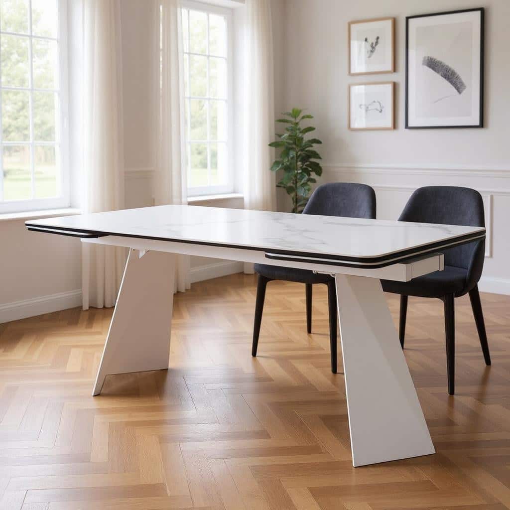 HomeRoots 63" White Ceramic and Metal Self-Storing Leaf Pedestal Base Extendable Dining Table