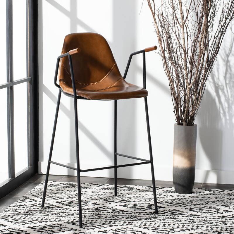 SAFAVIEH Coral Mid-Century Bar Stool - 25" W x 21.5" D x 39" H - 21Wx21Dx42H - Cognac Pu/Black