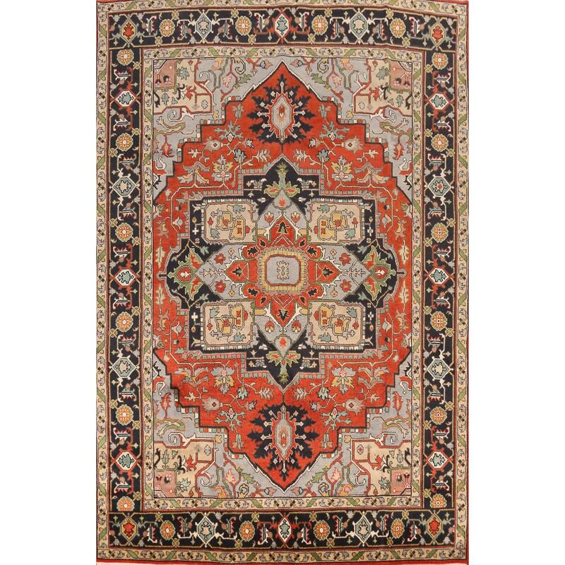 Geometric Heriz Serapi Indian Area Rug Hand-Knotted Wool Carpet - 8'11" x 12'1"