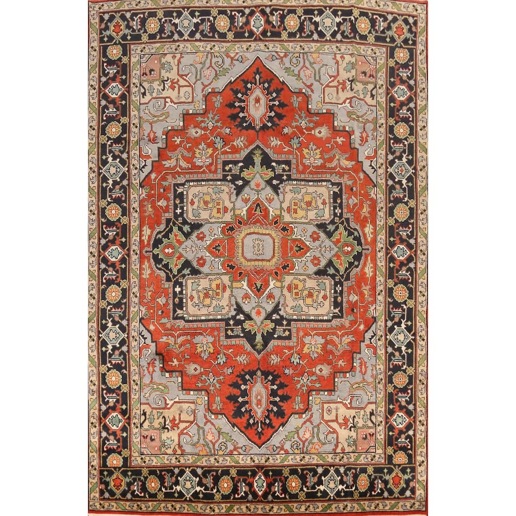 Geometric Heriz Serapi Indian Area Rug Hand-Knotted Wool Carpet - 8'11" x 12'1"
