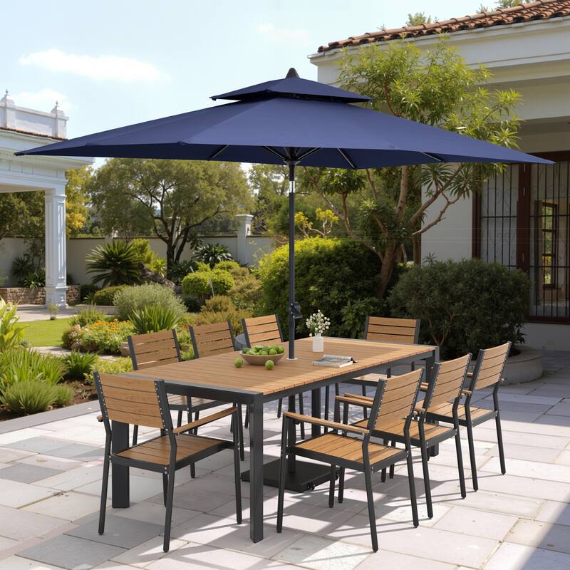 9/11-Piece Patio Dining Set Aluminum Dining Table and Chairs w/10 ft Market Umbrella and Base with Wheels
