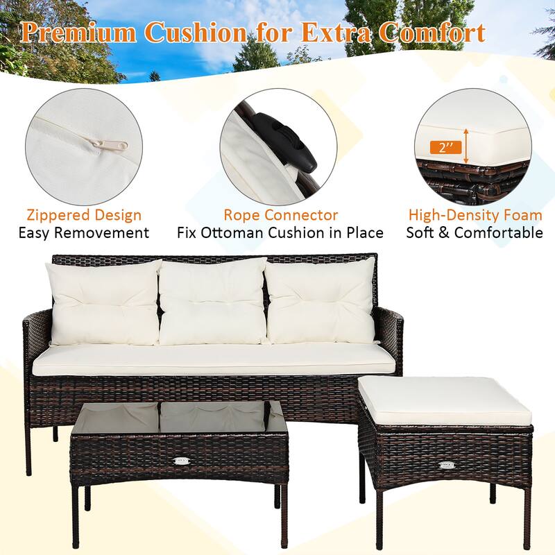 Costway 3PCS Patio Rattan Furniture Set 3-Seat Sofa Cushioned Table - See details