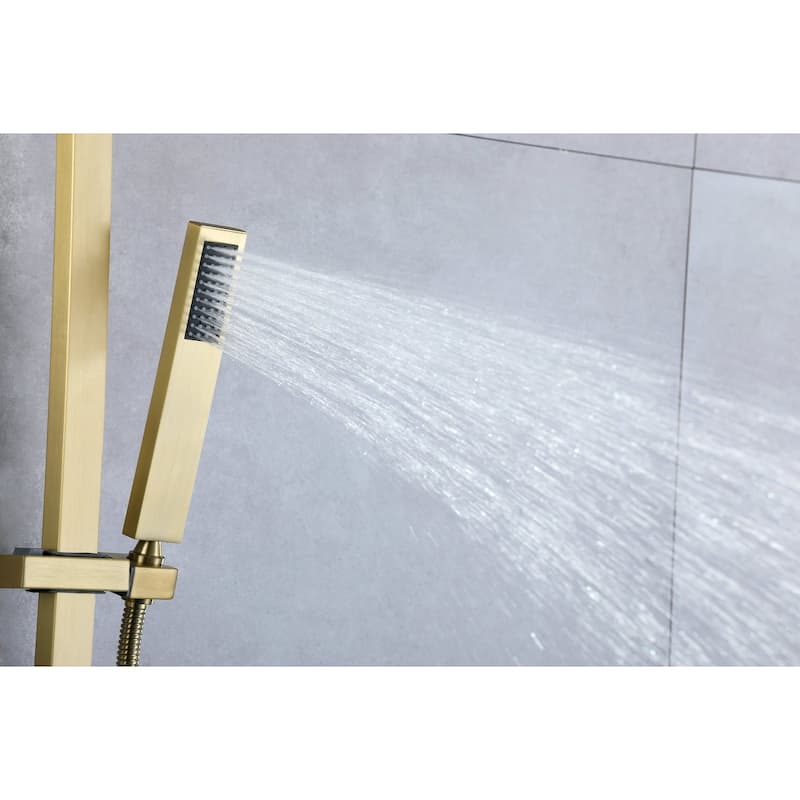 brushed gold wall mounted 3 way thermostatic exposed shower with tub spout and 8 inch rain head - 7'6" x 10'9"