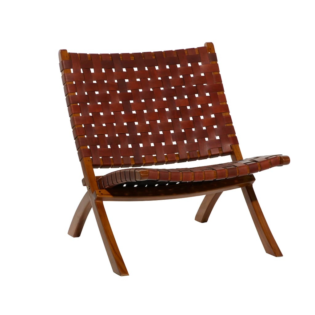 Leather Woven Folding Chair with Brown Wood Frame - Black or Brown - Roche River Decor