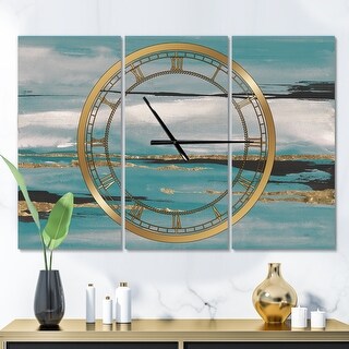 Designart 'Glam Teal Watercolor I' Glam 3 Panels Oversized Wall CLock - 36 in. wide x 28 in. high - 3 panels