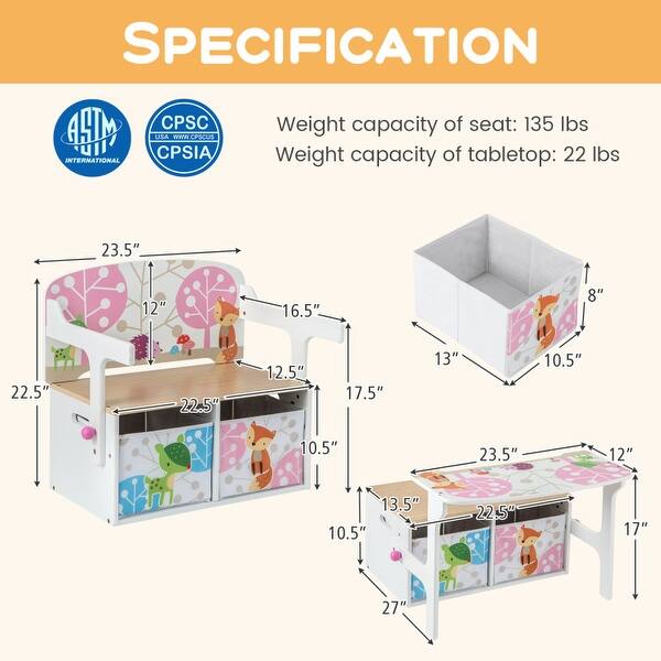 dimension image slide 1 of 2, 3 in 1 Kids Convertible Activity Bench with 2 Removable Fabric Bins - 21" x 22" x 58"