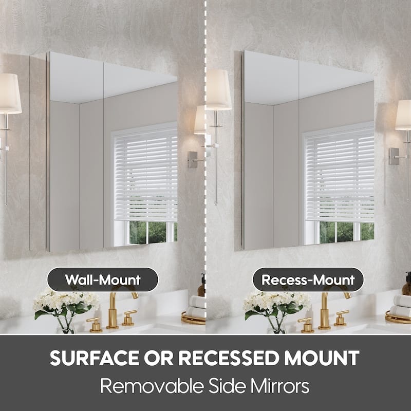 32"W X 30'H Recessed or Surface Wall Mount Bathroom Medicine Cabinet With Adjustable Glass Shelves