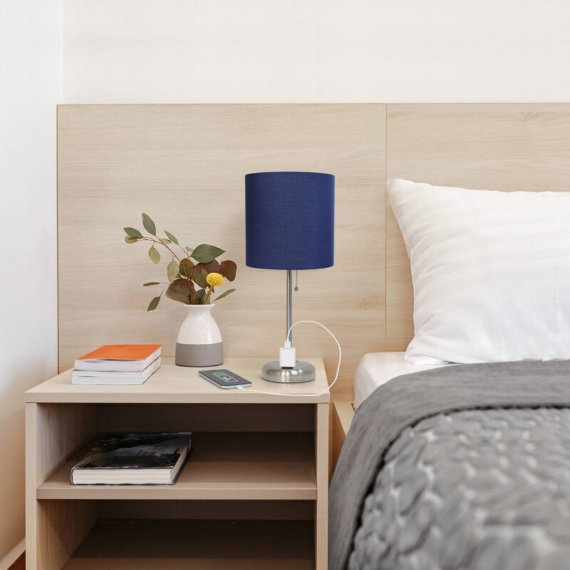19.5" Power Outlet Metal Lamp in Steel w Aqua Shade