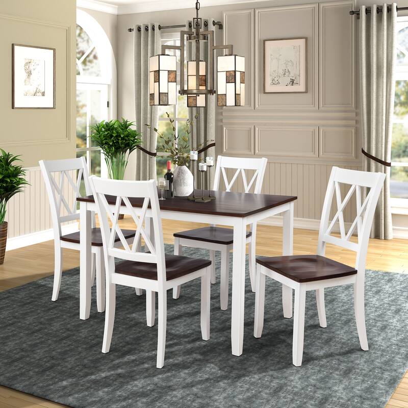 Roomfitters 5-Piece Dining Table Set, Rectangular Wood Kitchen Table and 4 X-back Chairs, Transitional Style