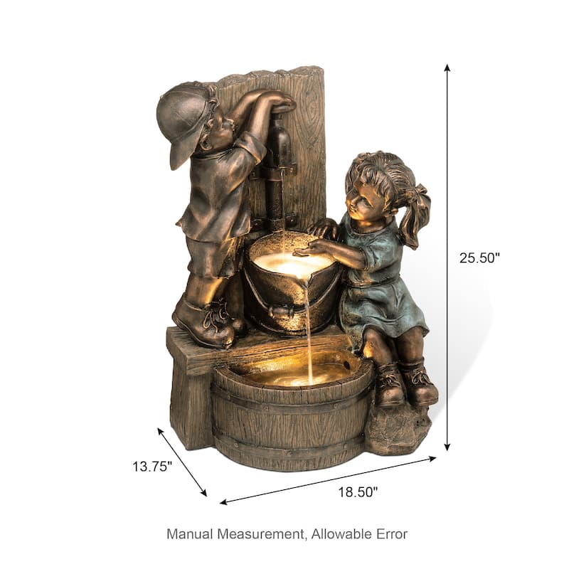 Glitzhome 26"H Polyresin LED Bronze Faucet Boy Girl Outdoor Fountain
