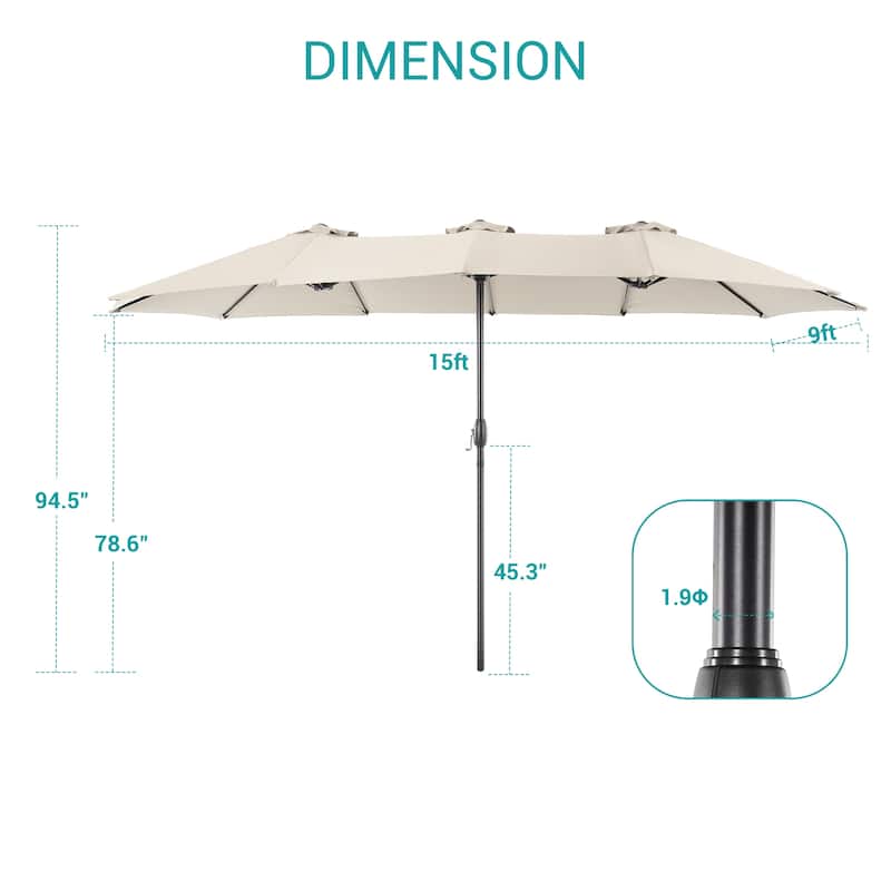 BONOSUKI 15x9ft Double-Sided Patio Umbrella Aluminum with Large Canopy